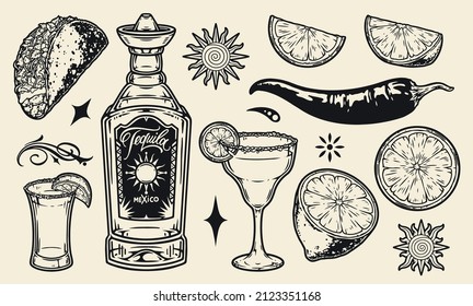Tequila monochrome vintage icon set with taco, alcohol bottle, chili pepper, sun, lime slices, margarita glass and shot, vector illustration