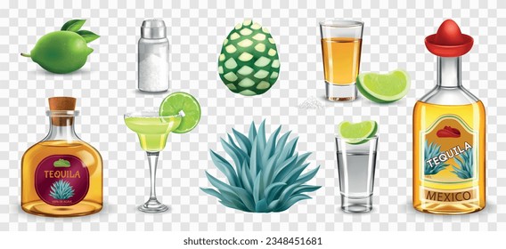 Tequila as national drink realistic icons set isolated at transparent background colored vector illustration