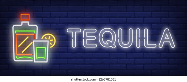 Tequila neon text with bottle and glass. Mexican alcoholic drink design. Night bright neon sign, colorful billboard, light banner. Vector illustration in neon style.