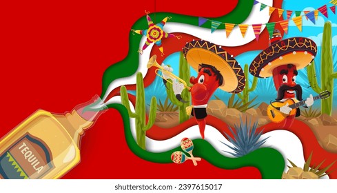 Tequila paper cut banner with blue agave, chili peppers, cactus and pinata for Mexican fiesta holiday, vector background. Funny chili pepper characters as mariachi musicians in sombrero with guitar