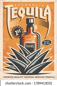 Tequila poster design with drink bottle and blue agave plant made for bars and pubs. Alcohol beverage advertisement with one of the most popular drinks. Vector illustration traditional Mexican tequila