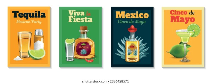 Cartel realista de Tequila con subtítulos viva fiesta y ilustración vectorial aislada de méxico