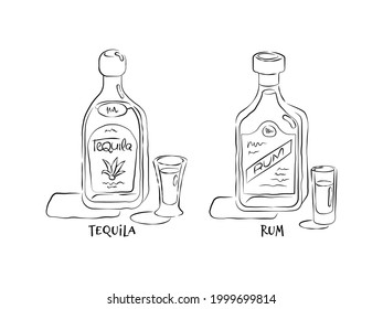 Tequila and rum. Bottle and glass in hand drawn style. Restaurant illustration for celebration design. Retro sketch. Line art. Design element. Vector beverage outline icon. Isolated on white backdrop
