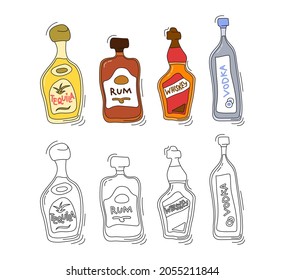Tequila, rum, whiskey, vodka bottle on white background. Two kinds beverage. Cartoon sketch. Doodle style with black contour line. Colored hand drawn object. Party drinks concept. Freehand drawing.