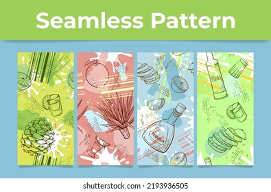 Tequila seamless pattern set engraved vector illustration. Mexican alcohol beverage in bottle drink with lime lemon slices and salt. Detailed wallpaper tropical drink and cactus. Abstract sketch