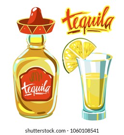 Tequila set with bottle, shot, lime. Vector illustration