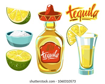 Tequila Set With Bottle, Shot, Lime. Vector Illustration