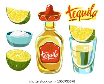 Tequila set with bottle, shot, lime. Vector illustration