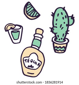 Tequila shot and cactus on white isolated backdrop. Day of the dead symbol for invitation or gift card, notebook, bath tile, scrapbook Phone case or cloth print Doodle style stock vector illustration