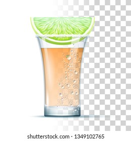 Tequila Shot Cocktail Served In The Slightly Glass With Salt And Lime. Front View. 3d Photo Realistic Vector Illustration Isolated On Transparent Background