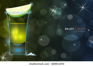 Tequila shot cocktail with slice of lime and salt .Neon cocktail with light glowing on black background. Design for cocktail menu, cocktail party, bar poster. Template for nightclub event 