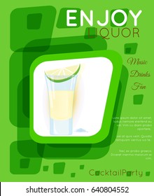 Tequila shot cocktail with slice of lime and salt on green rectangles.Cocktail illustration on bright contemporary flat background.