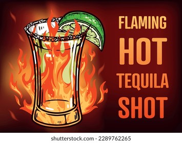 Tequila shot flat sticker colorful with flame around shot glass for Mexican drink with lime vector illustration