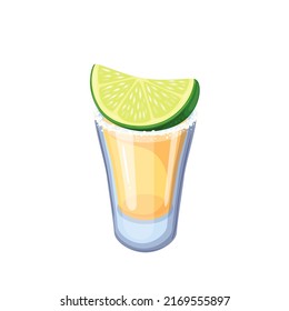 Tequila shot glass with lime and salt vector illustration. Cartoon refreshing Mexican alcohol liquor drink from tropical agave, isolated beverage for summer tequila party