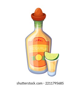 Tequila shot glass with lime and salt, bottle with sombrero cap vector illustration. Cartoon refreshing Mexican alcohol liquor drink from tropical agave, isolated beverage for summer tequila party