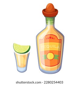 Tequila shot glass with lime and salt, bottle with sombrero cap vector illustration. Cartoon refreshing Mexican alcohol liquor drink from tropical agave, isolated beverage for summer tequila party