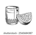 Tequila shot glass with lime slice and salt isolated on the white background. Hand drawn vintage engraving style black and white illustration