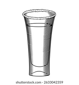 Tequila tiro de vidro com ilustração de vetor de sal no estilo de esboço. Arte desenhada à mão de bebida alcoólica forte. Gravura retro de bebida clássica mexicana.