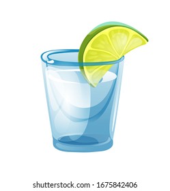 Tequila rodada en vidrio con un trozo de cal. Ilustración de vectores aislada en fondo blanco