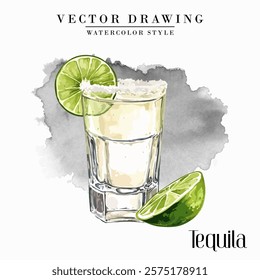Tequila shot glass Watercolor Style Stock Vector Illustration