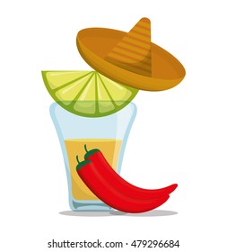 Tequila shot hat and pepper . Mexico landmark and mexican culture theme. Colorful design. Vector illustration