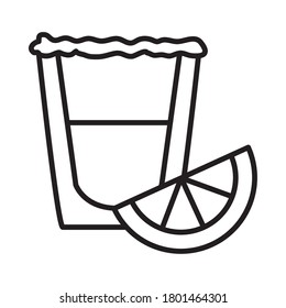 tequila shot and lemon slice over white background, line style, vector illustration