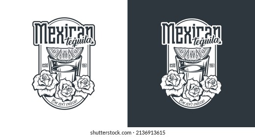 Tequila shot with lime and flowers. Vector tropical design with mexican tequila for alcohol pab