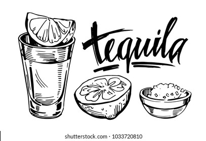 Tequila Shot With Lime. Hand Drawn Illustration Converted To Vector