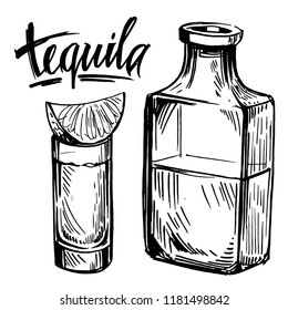 Tequila Shot With Lime. Hand Drawn Illustration Converted To Vector