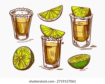Tequila tiro y cal, Ilustraciones vectoriales dibujadas a mano