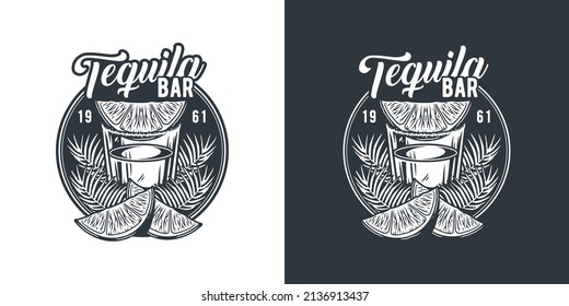 Tequila shot with lime and leaves. Vector tropical design with mexican tequila for alcohol pab