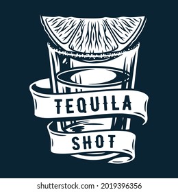 Tequila shot with lime and salt. Alcohol cocktail with ribbon for bar, pab or restaurant. Tropical tequila. Hand drawn illustration to vector isolated on background