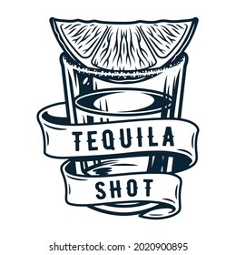 Tequila shot with lime and salt. Alcohol cocktail with ribbon for bar, pab or restaurant. Tropical tequila. Hand drawn illustration to vector isolated on background