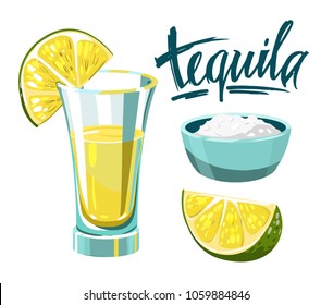 Tequila shot with lime and salt. Vector illustration