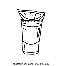 Tequila shot with lime and salt. Vector illustration in doodle style isolated.