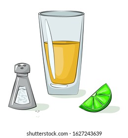 Tequila shot with lime slice and salt vector cartoon hand drawn illustration isolated on a white background.