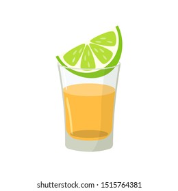 Tequila shot with lime slice vector illustration isolated on white background. Traditional Mexican alcoholic drink.