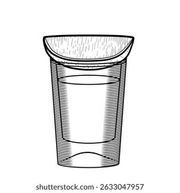 Tequila shot and lime slice vector illustration in sketch style. Black and white hand drawn image of strong alcoholic drink with citrus fruit slice. Line art for bar and menu. Retro engraving.