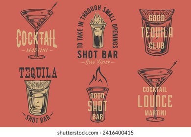 Tequila shot and martini vector set with lime and fire for alcohol cocktail bar or drink party. Vintage and retro emblem design collection for barman or bartender.