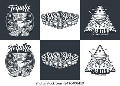 Tequila shot and martini vector set with lime and fire for alcohol cocktail bar or drink party. Vintage and retro emblem design collection for barman or bartender.