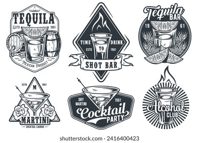 Tequila shot and martini vector set with lime and fire for alcohol cocktail bar or drink party. Vintage and retro emblem design collection for barman or bartender.