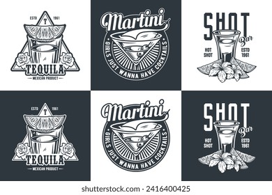 Tequila shot and martini vector set with lime and fire for alcohol cocktail bar or drink party. Vintage and retro emblem design collection for barman or bartender.