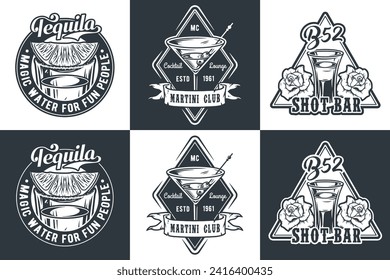Tequila shot and martini vector set with lime and fire for alcohol cocktail bar or drink party. Vintage and retro emblem design collection for barman or bartender.