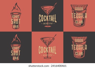 Tequila shot and martini vector set with lime and fire for alcohol cocktail bar or drink party. Vintage and retro emblem design collection for barman or bartender.