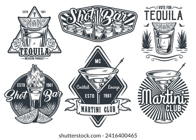 Tequila shot and martini vector set with lime and fire for alcohol cocktail bar or drink party. Vintage and retro emblem design collection for barman or bartender.