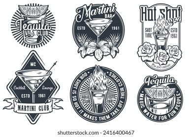 Tequila shot and martini vector set with lime and fire for alcohol cocktail bar or drink party. Vintage and retro emblem design collection for barman or bartender.