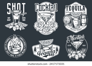 Tequila shot and martini vector set with lime and fire for alcohol cocktail bar or drink party. Vintage and retro emblem design collection for barman or bartender.