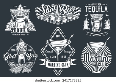 Tequila shot and martini vector set with lime and fire for alcohol cocktail bar or drink party. Vintage and retro emblem design collection for barman or bartender.