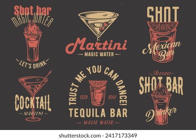 Tequila shot and martini vector set with lime and fire for alcohol cocktail bar or drink party. Vintage and retro emblem design collection for barman or bartender.