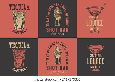 Tequila shot and martini vector set with lime and fire for alcohol cocktail bar or drink party. Vintage and retro emblem design collection for barman or bartender.